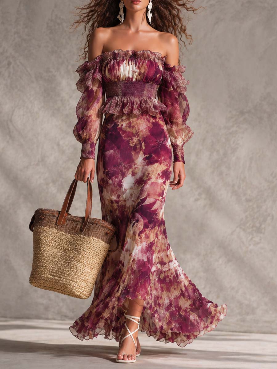 Dahlia | Floral Off Shoulder Chiffon Maxi Dress