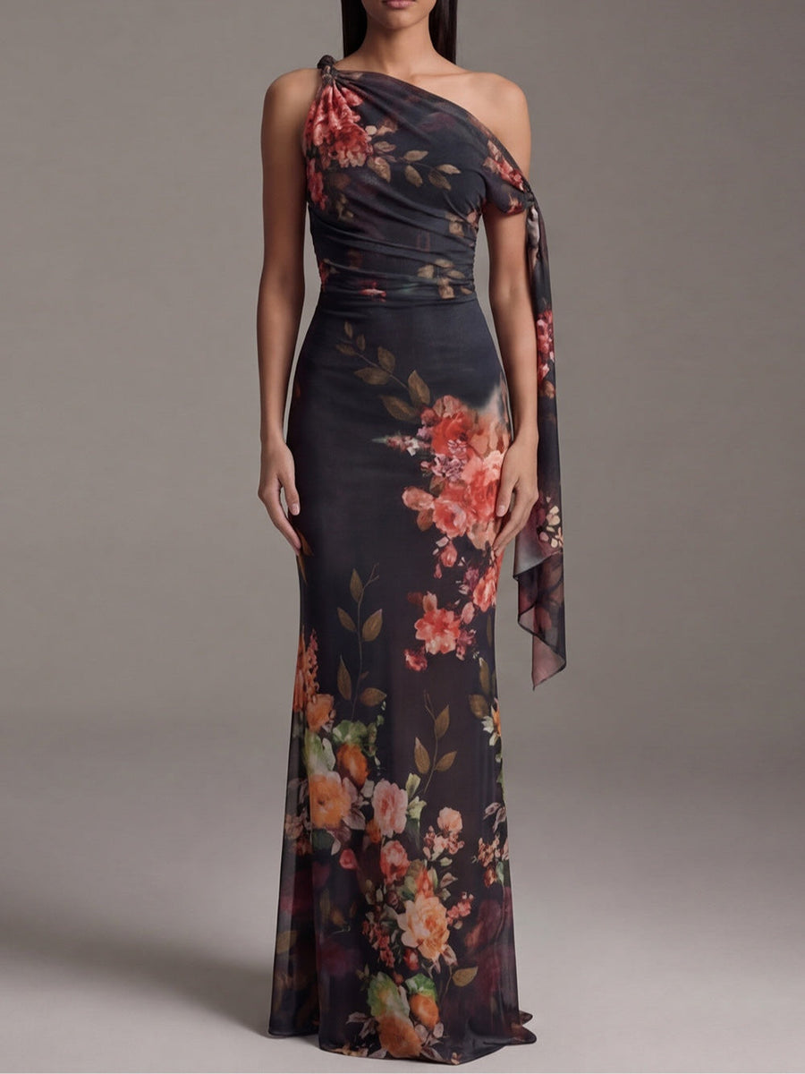 Penelope | One Shoulder Printed Pleated Chiffon Maxi Dress