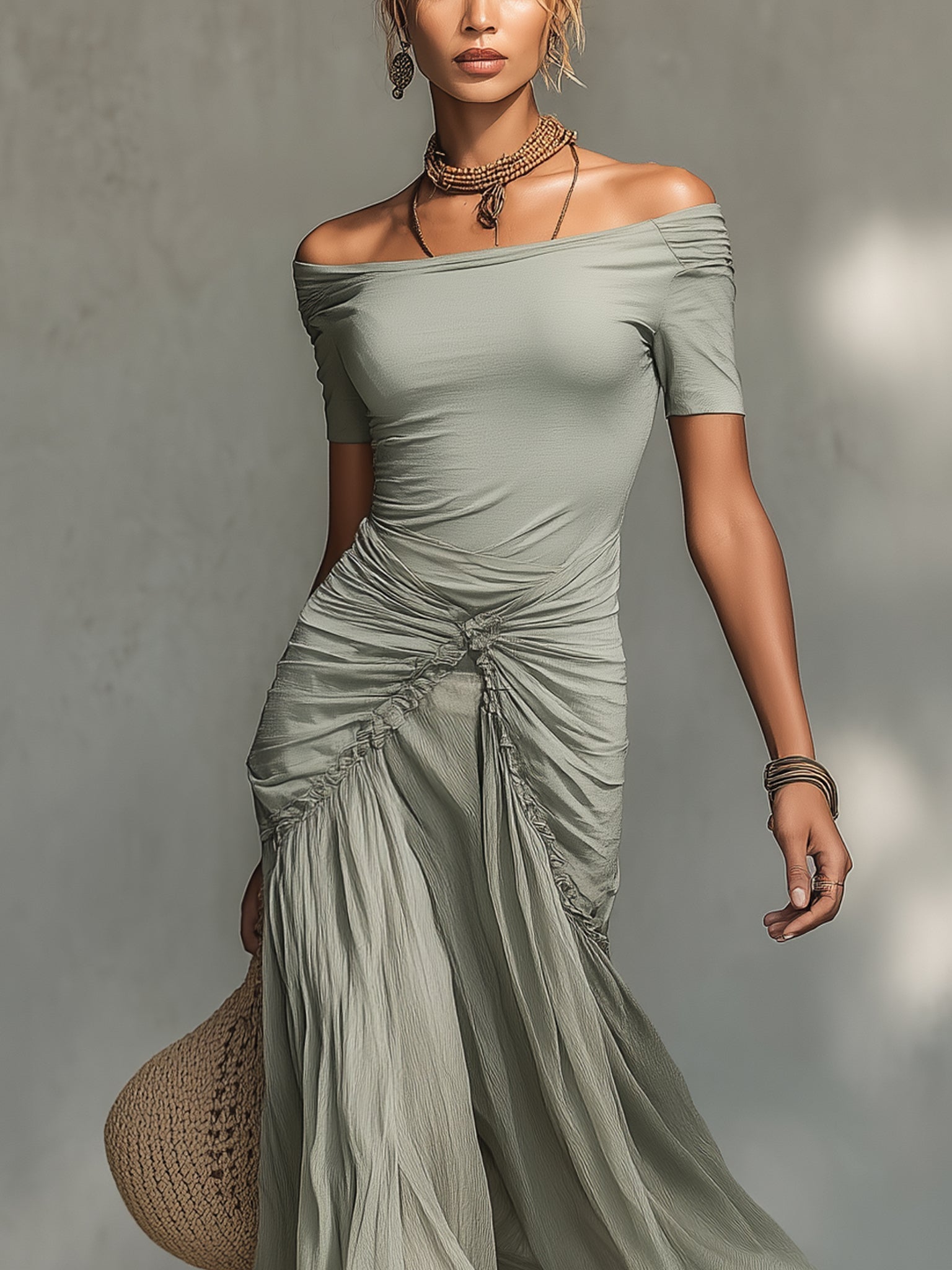 Amelie | Stretch Fabric And Chiffon Maxi Dress