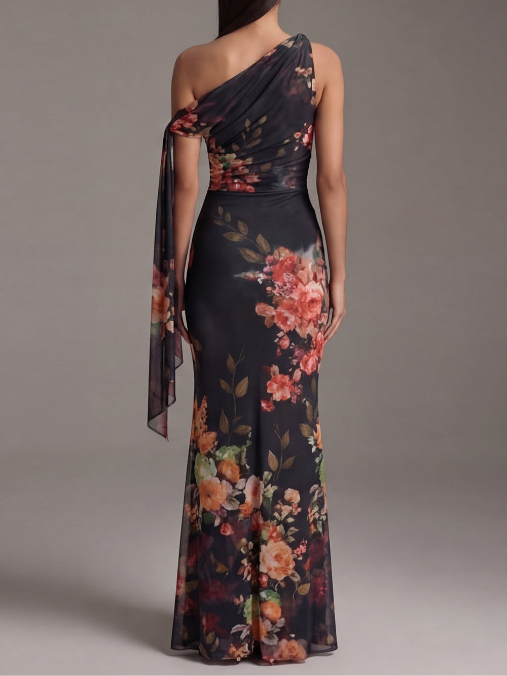 Penelope | One Shoulder Printed Pleated Chiffon Maxi Dress