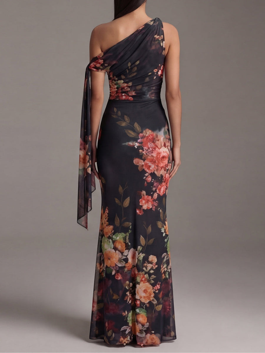 Penelope | One Shoulder Printed Pleated Chiffon Maxi Dress