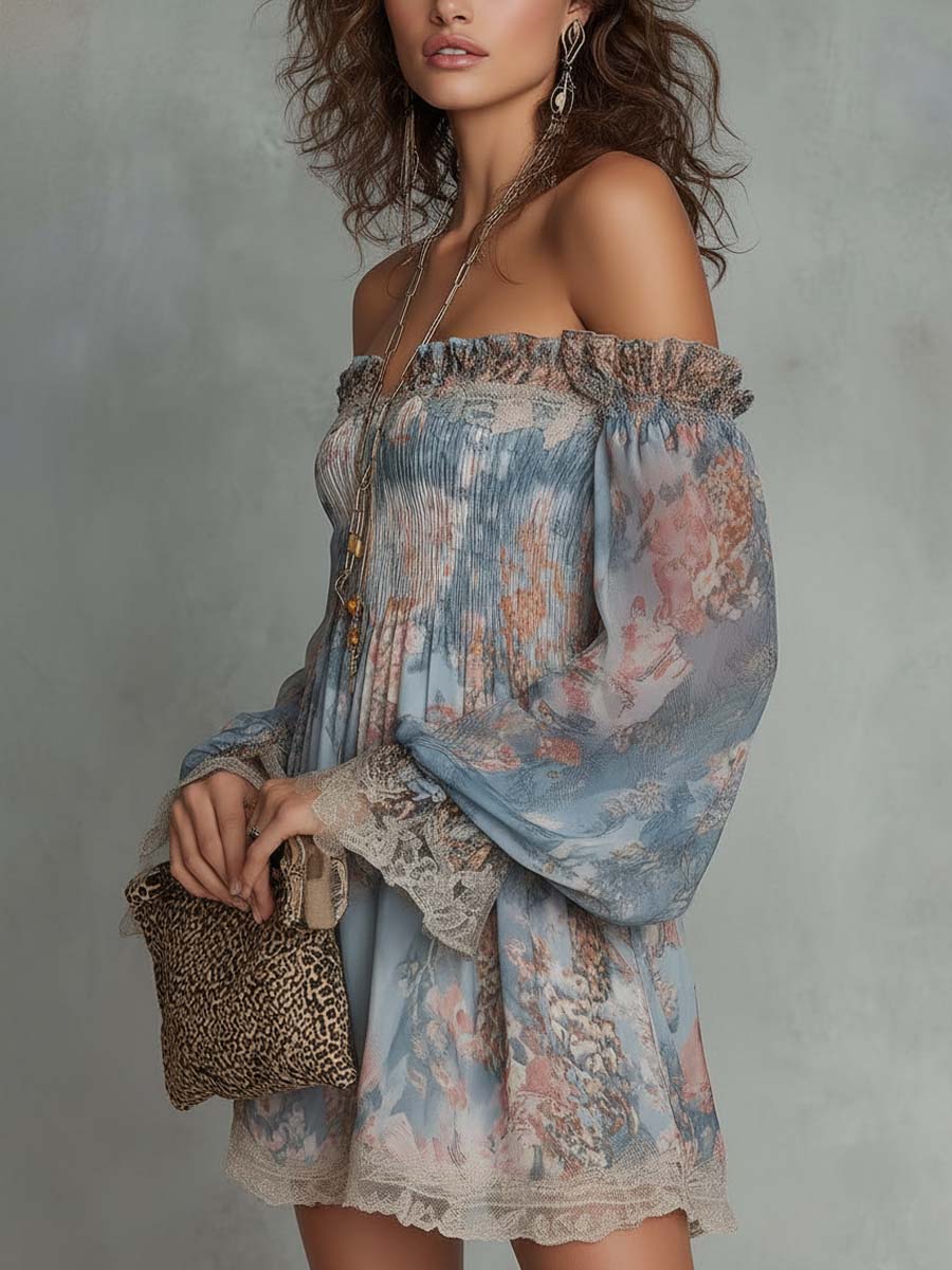 Romane | Floral Chiffon Off Shoulder Mini Dress