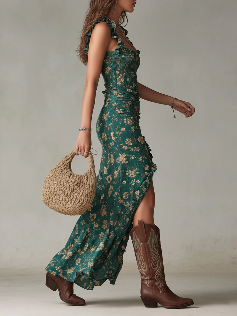 Estelle | Bohemian Green Printed Maxi Dress
