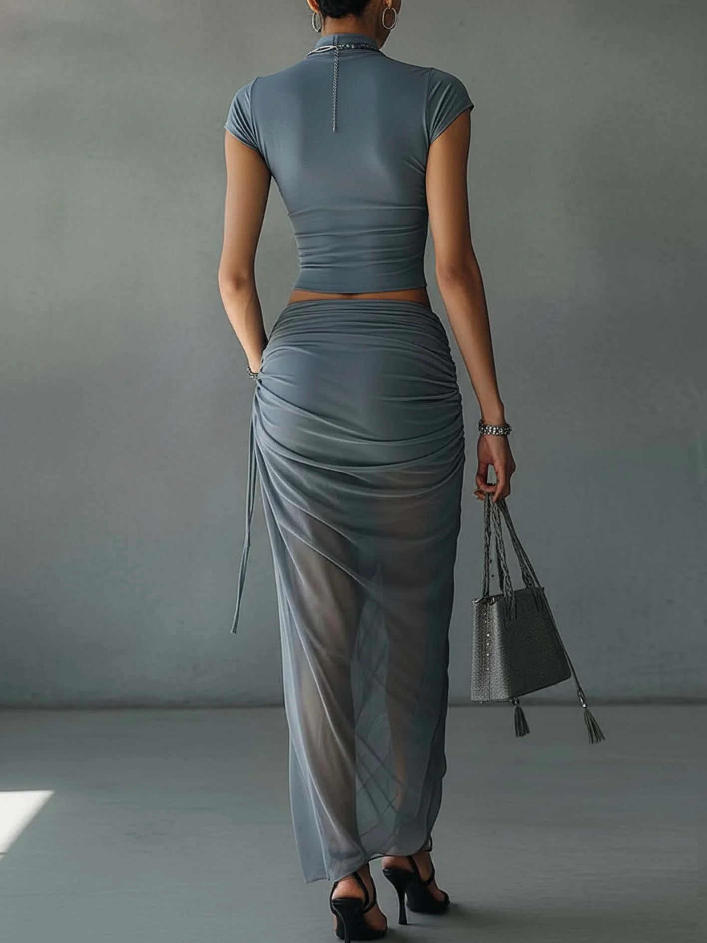 Ivy | Cropped T-shirt and Sheer Mesh Draped Skirt Set