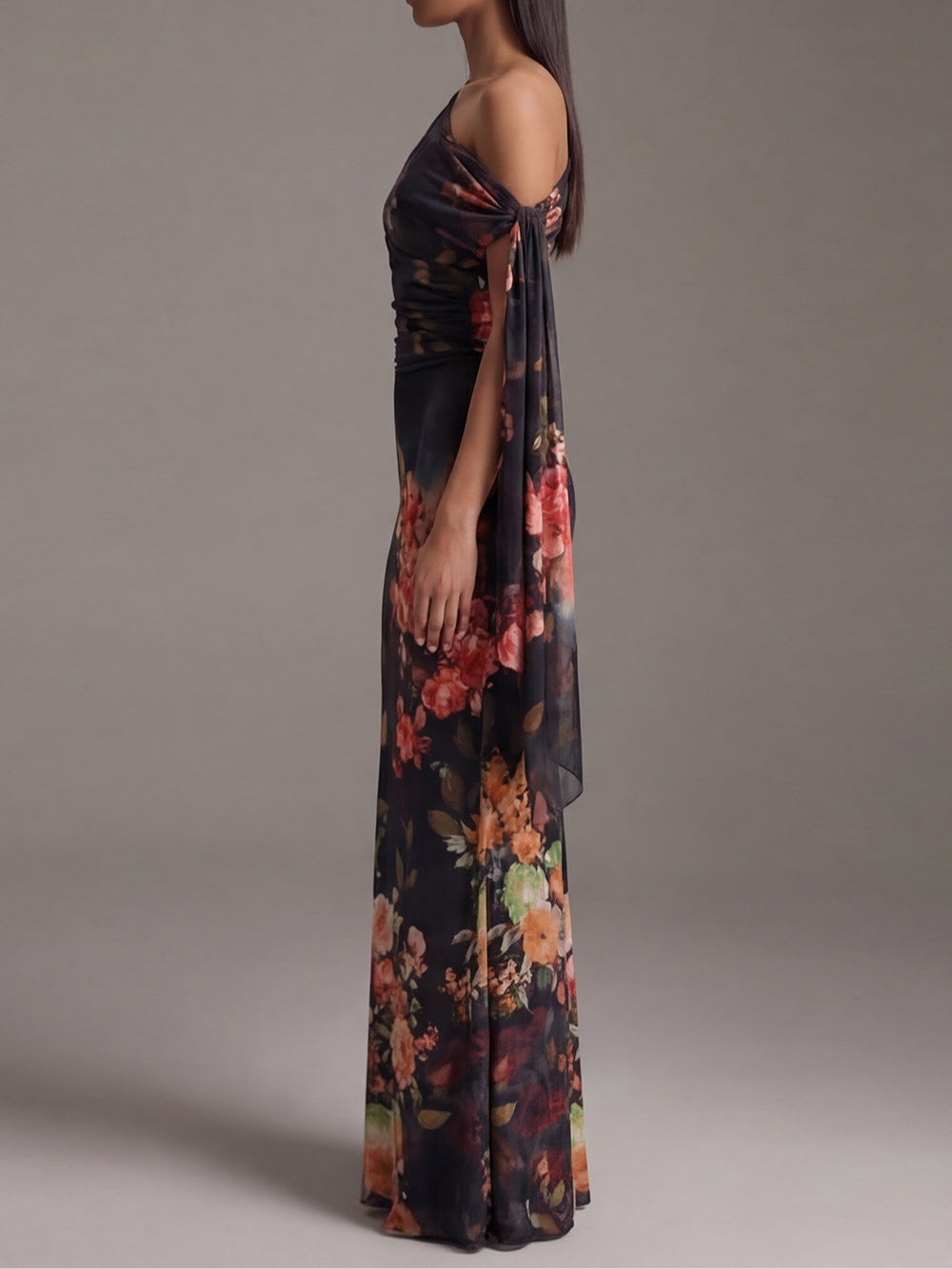 Penelope | One Shoulder Printed Pleated Chiffon Maxi Dress