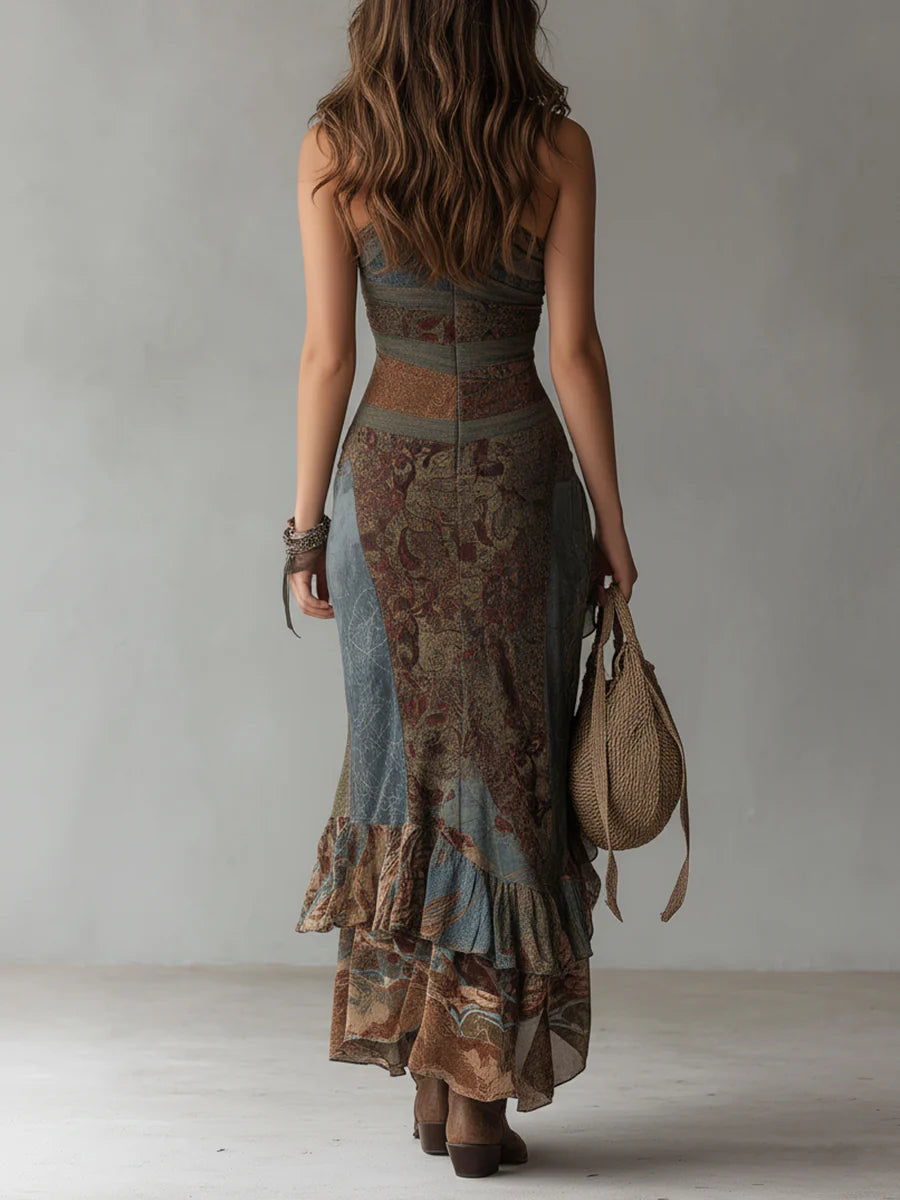 Freya | Ethnic Style Printed One Shoulder Maxi Dress with High Slit