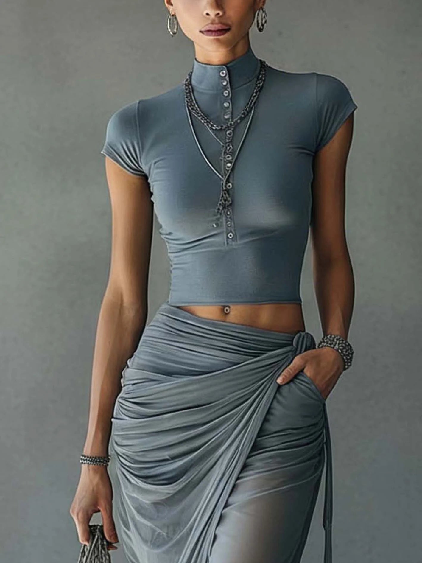 Ivy | Cropped T-shirt and Sheer Mesh Draped Skirt Set