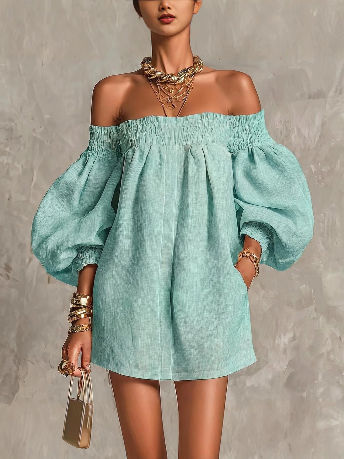 Whitney | Off Shoulder Lantern Sleeve Mini Dress