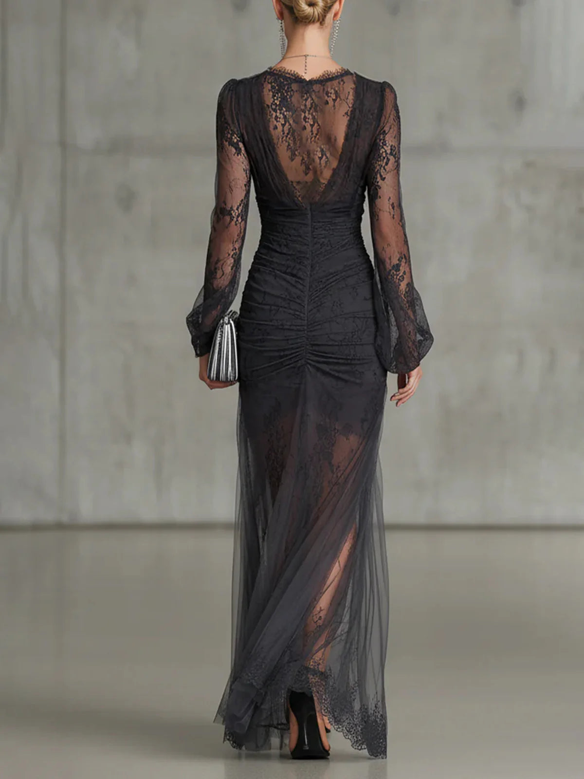 Sabine | Lace Ruched Sheer Long Sleeve Slit Dress