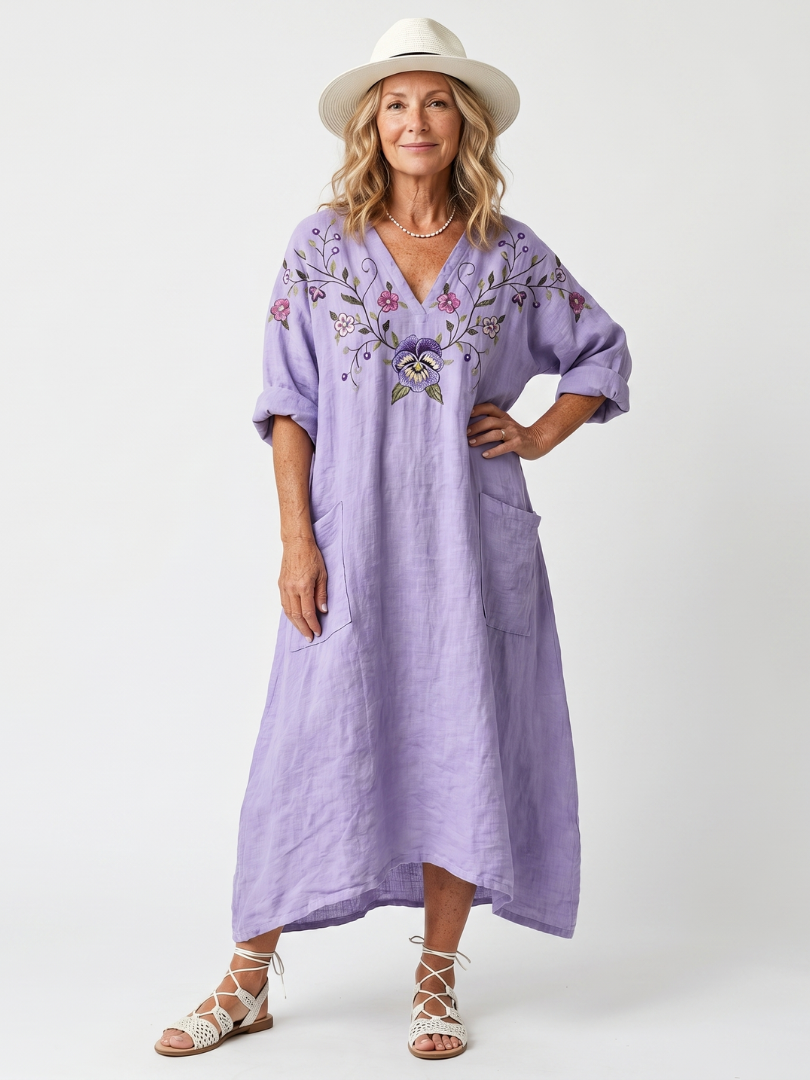 Tavi | Floral Embroidered Pocket Midi Dress