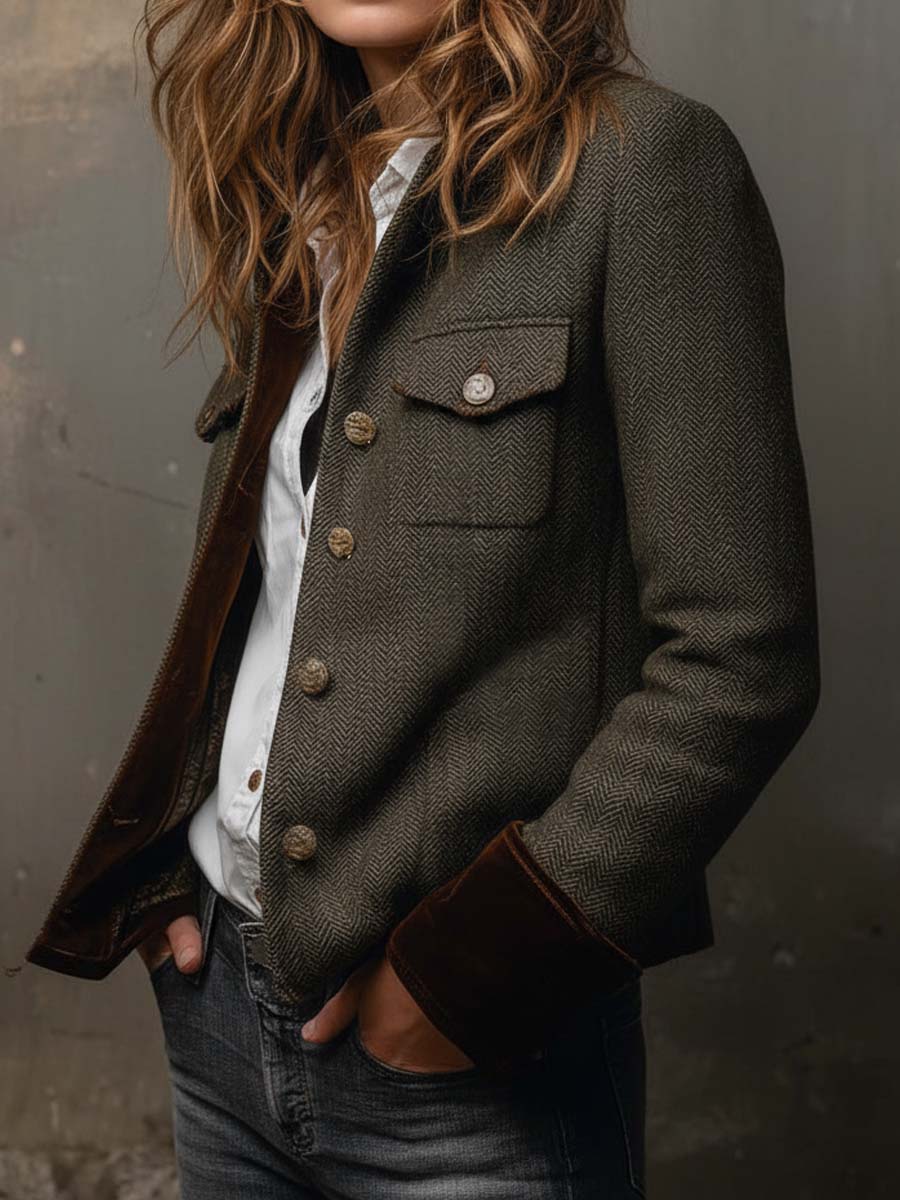 Vivienne | Herringbone Contrast Trim Blazer