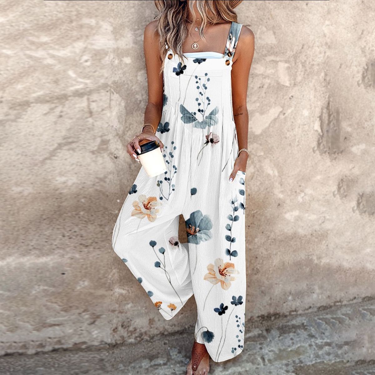 Women's Vintage Floral Pattern Art Print Casual Cotton Linen Wide Leg Jumpsuit