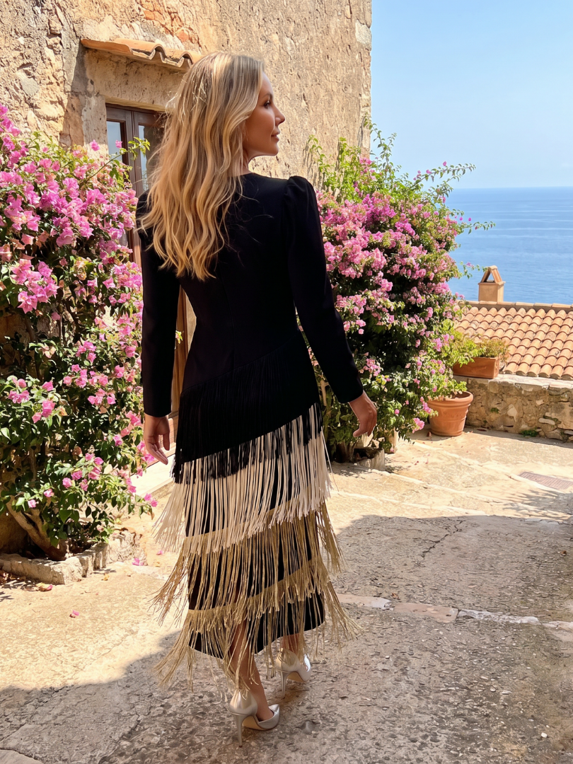 Wilhelmina | Long Sleeve Fringe Midi Dress