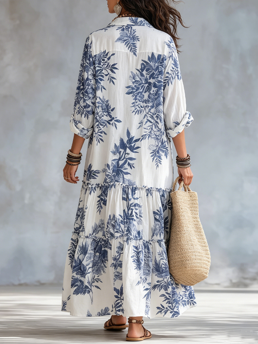Coralie | Bohemian Blue Floral Button Down Maxi Dress