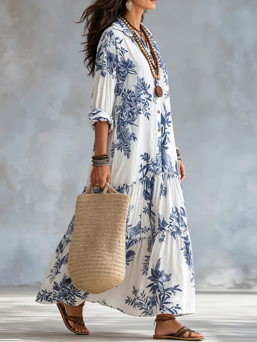 Coralie | Bohemian Blue Floral Button Down Maxi Dress