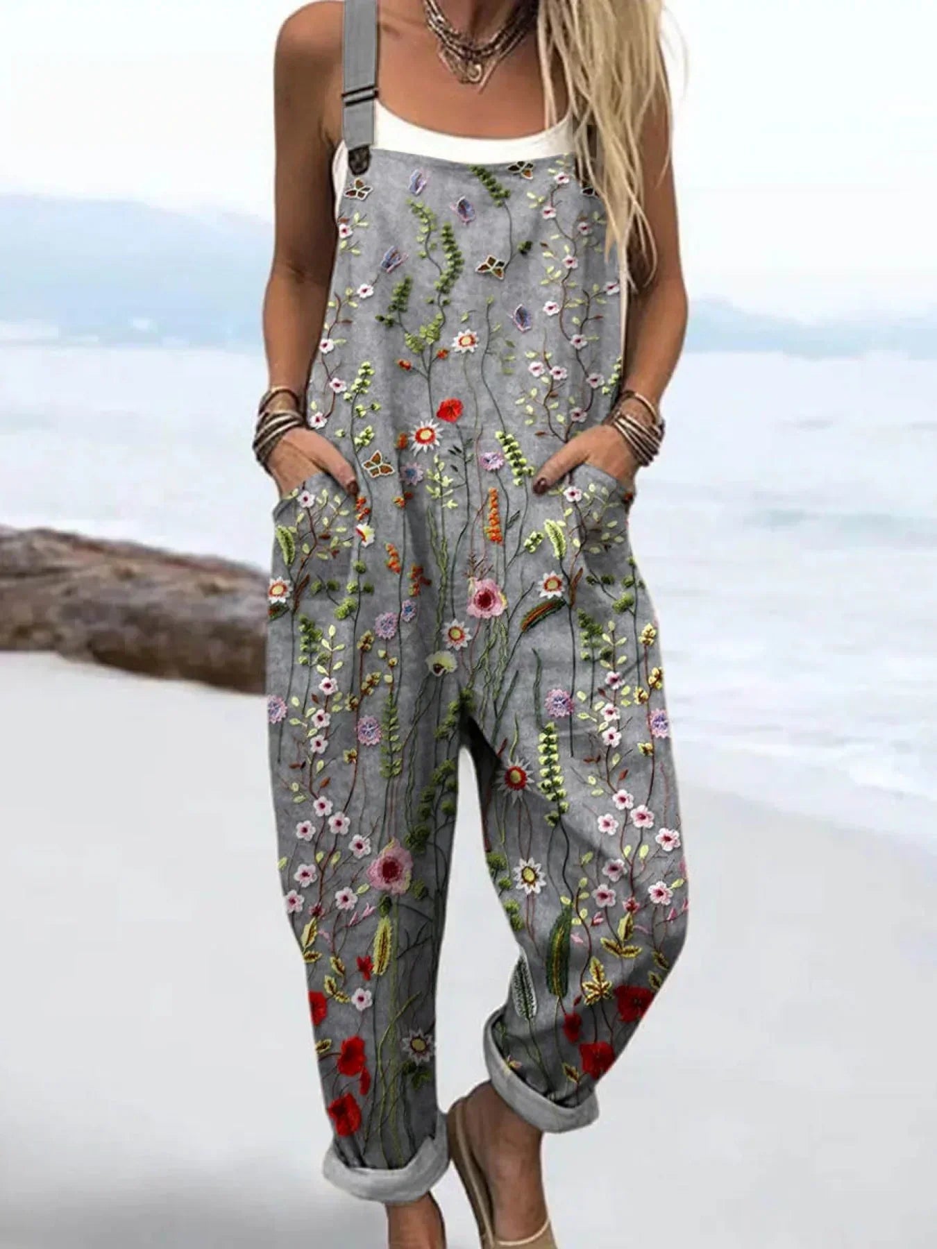Women's Vintage Lovely Floral Art Print Casual Cotton Linen Wide Leg Jumpsuit