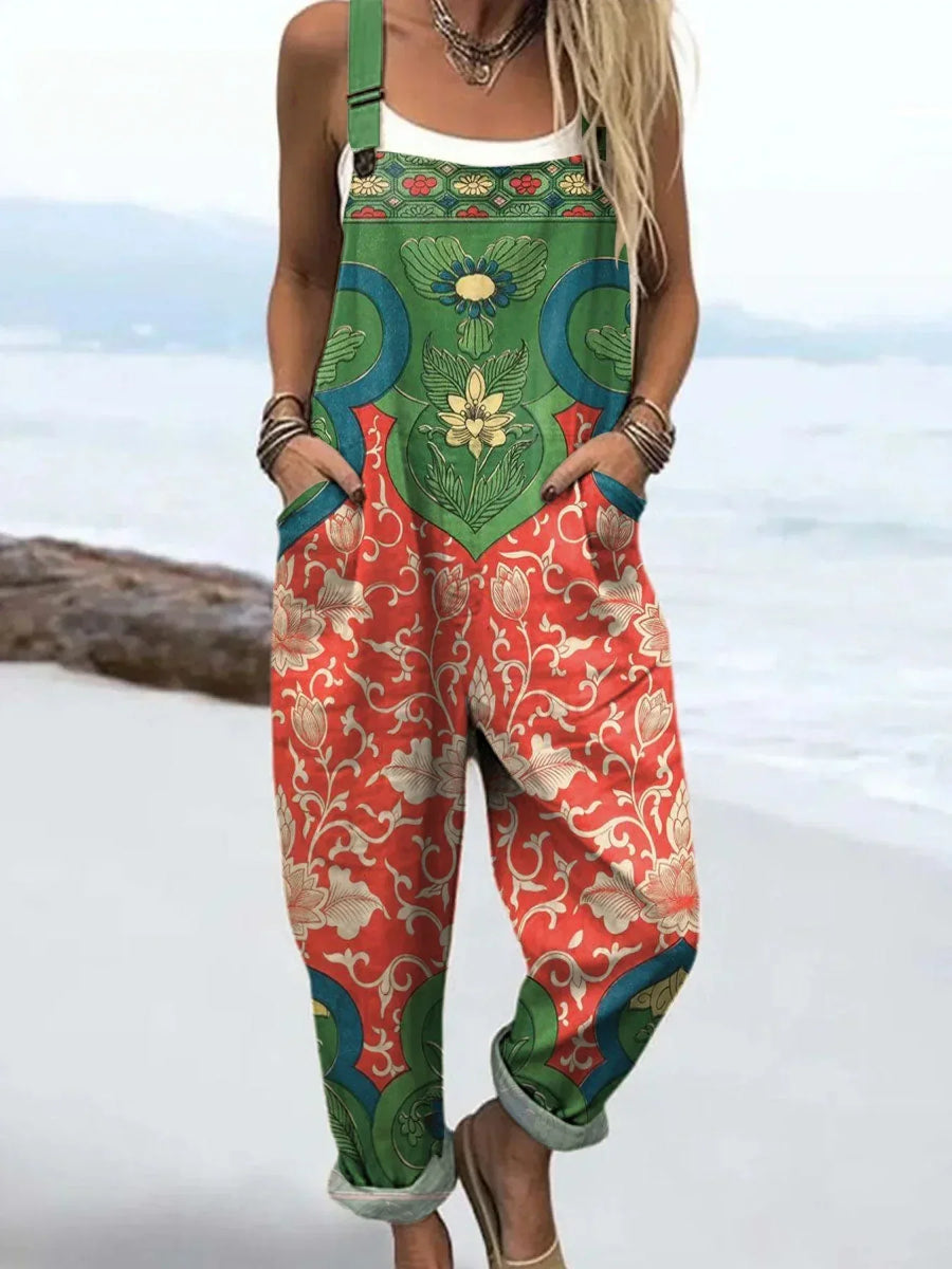 Women's Vintage Lovely Floral Art Print Casual Cotton Linen Wide Leg Jumpsuit