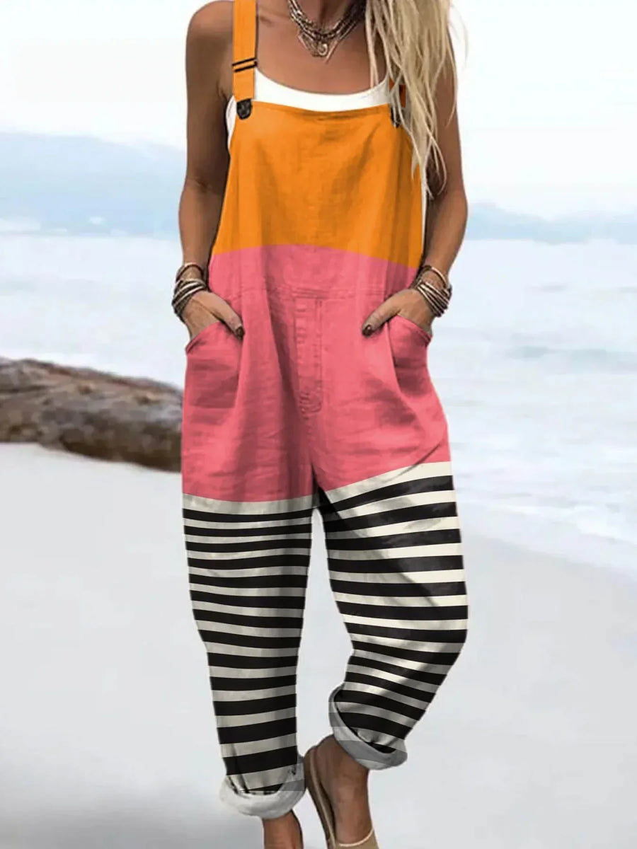 Women's Abstract Pattern Art Print Casual Cotton Linen Wide Leg Jumpsuit