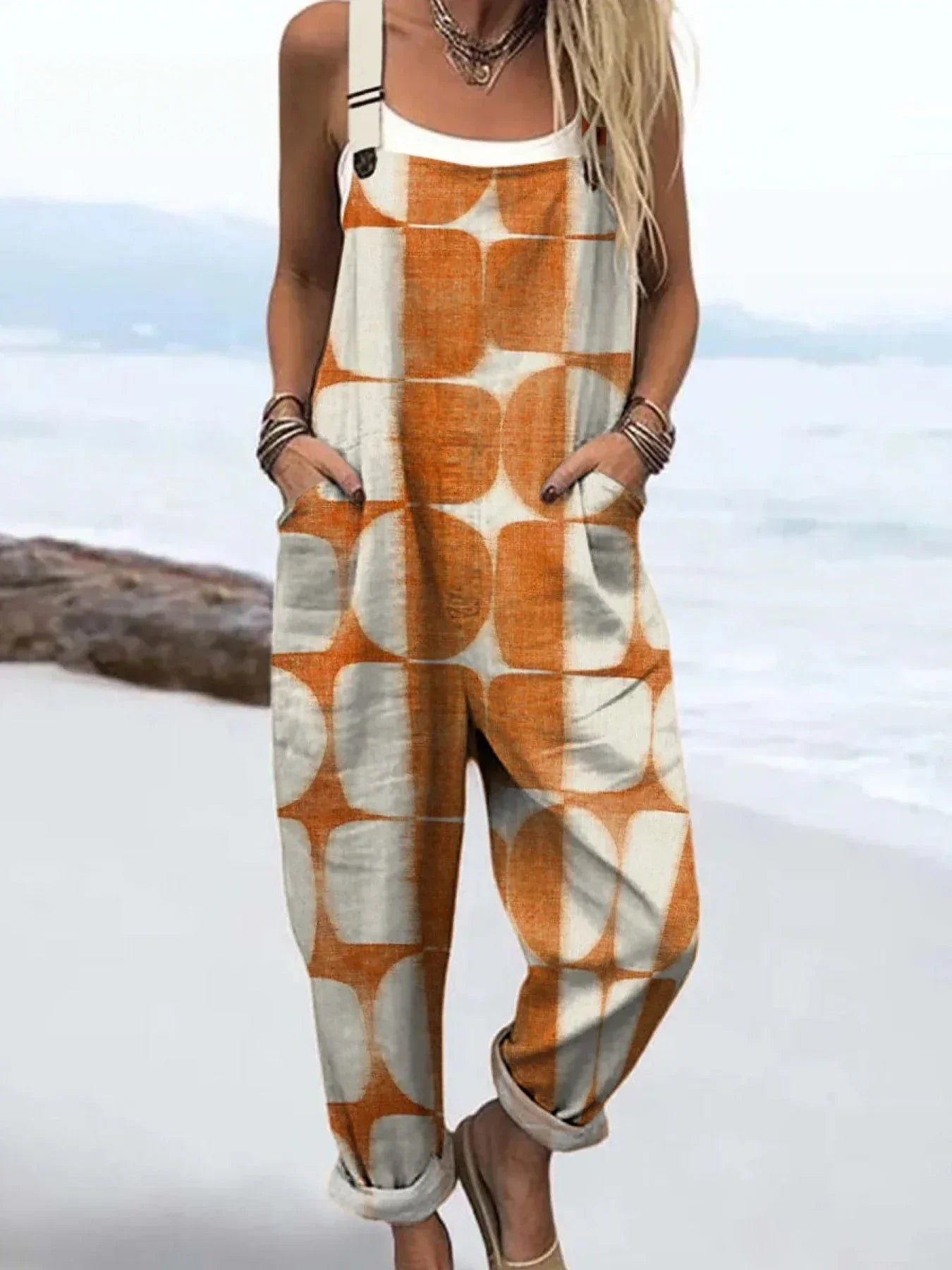 Women's Abstract Geometric Pattern Art Print Casual Cotton Linen Wide Leg Jumpsuit