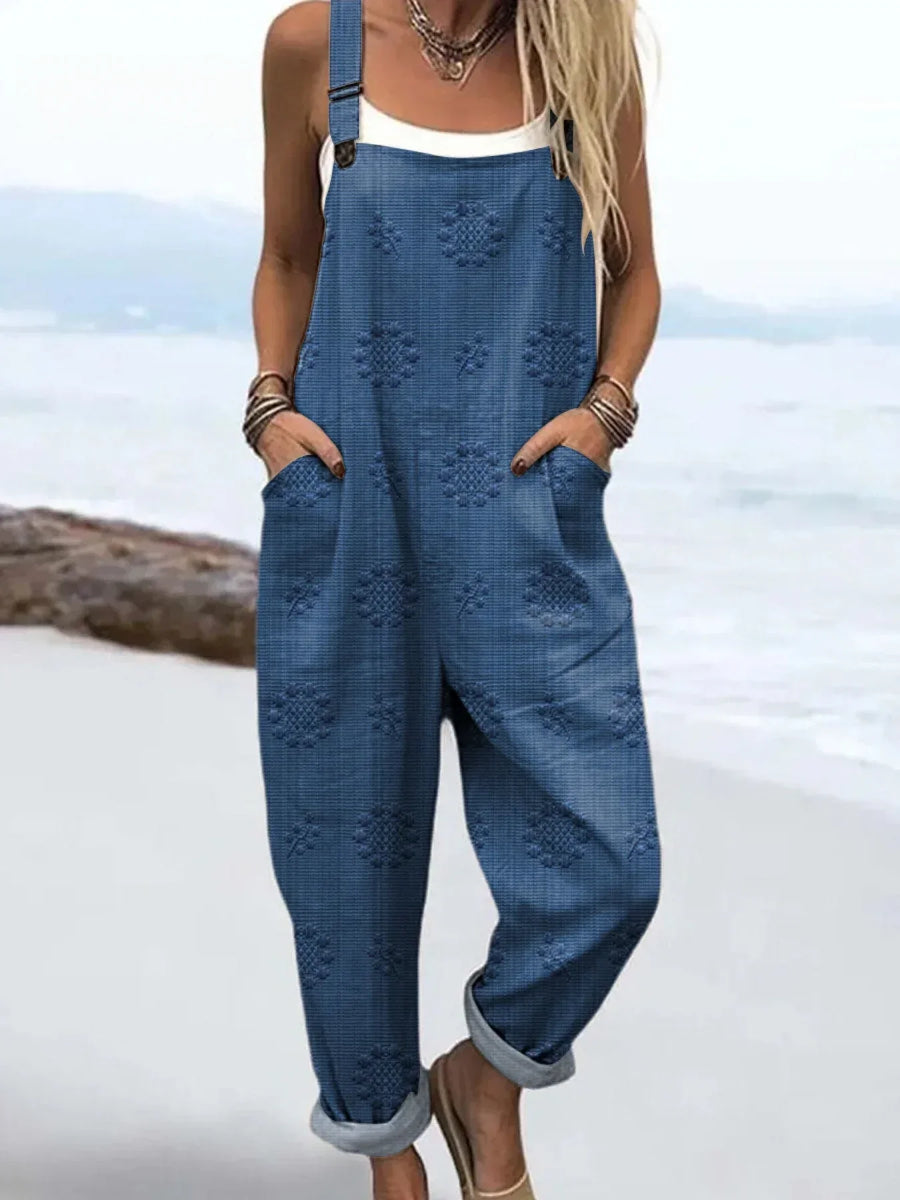 Women's Vintage Floral Pattern Art Print Casual Cotton Linen Wide Leg Jumpsuit