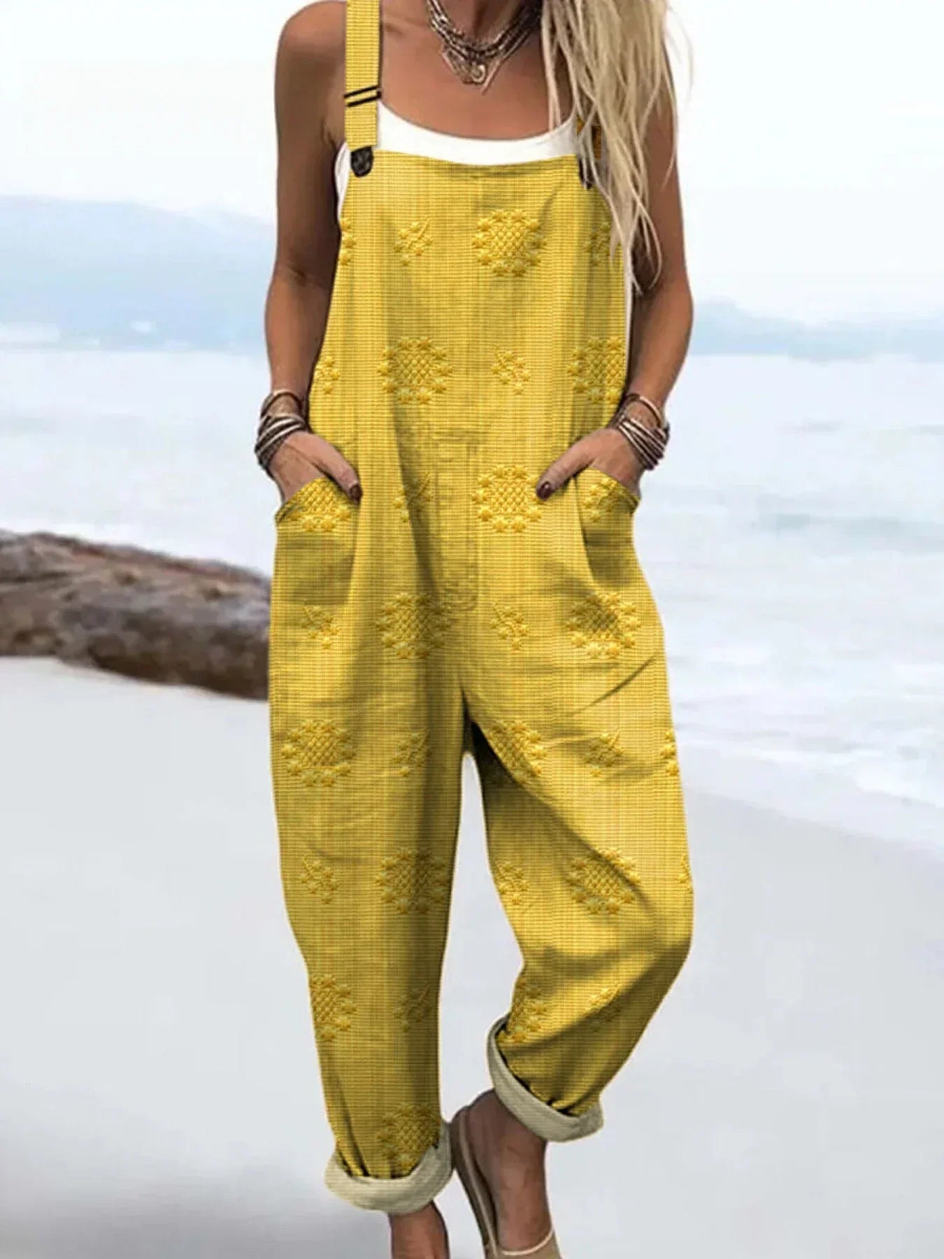 Women's Vintage Floral Pattern Art Print Casual Cotton Linen Wide Leg Jumpsuit