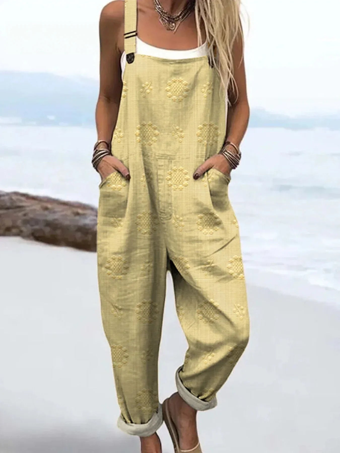 Women's Vintage Floral Pattern Art Print Casual Cotton Linen Wide Leg Jumpsuit