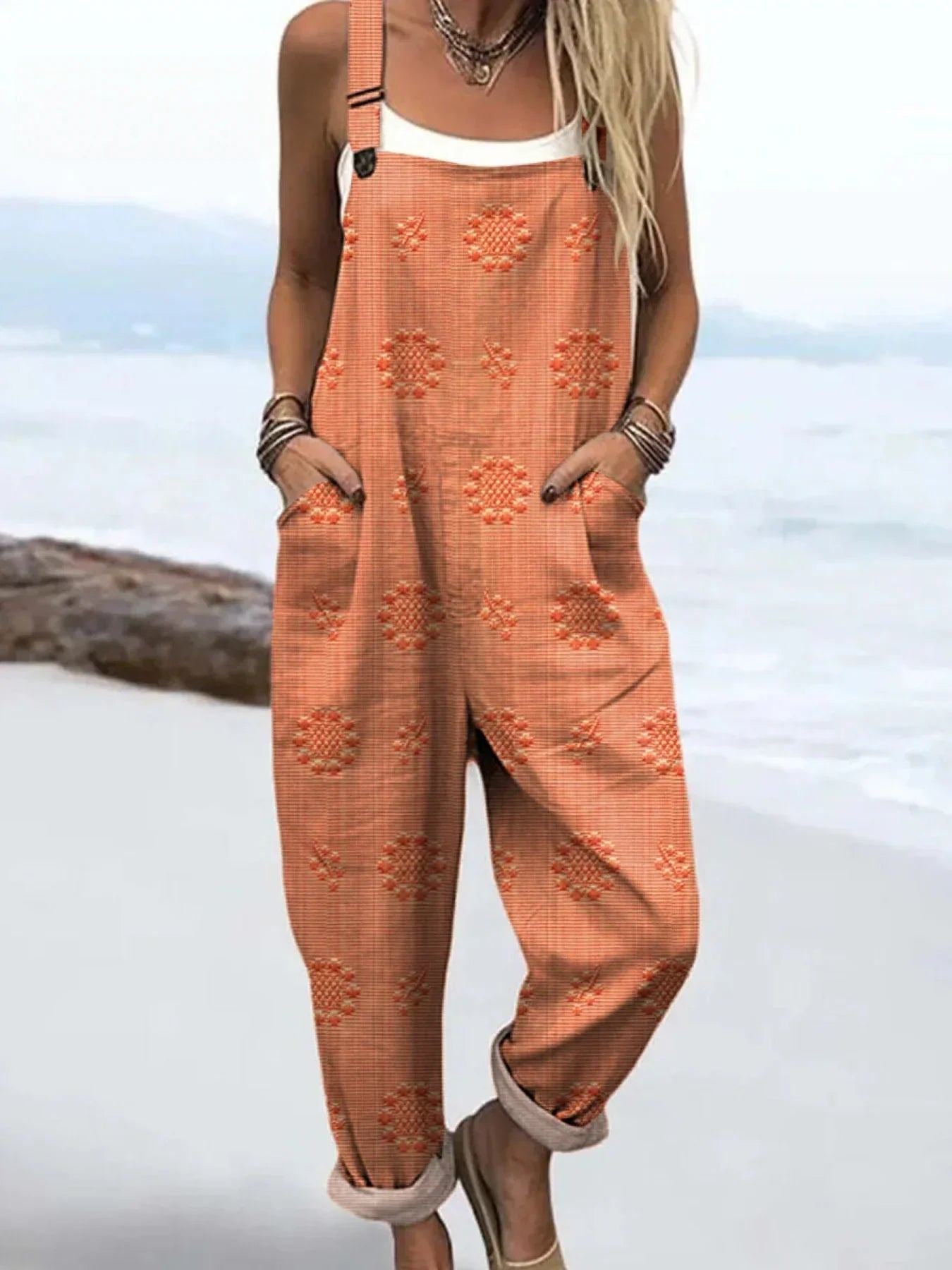 Women's Vintage Floral Pattern Art Print Casual Cotton Linen Wide Leg Jumpsuit