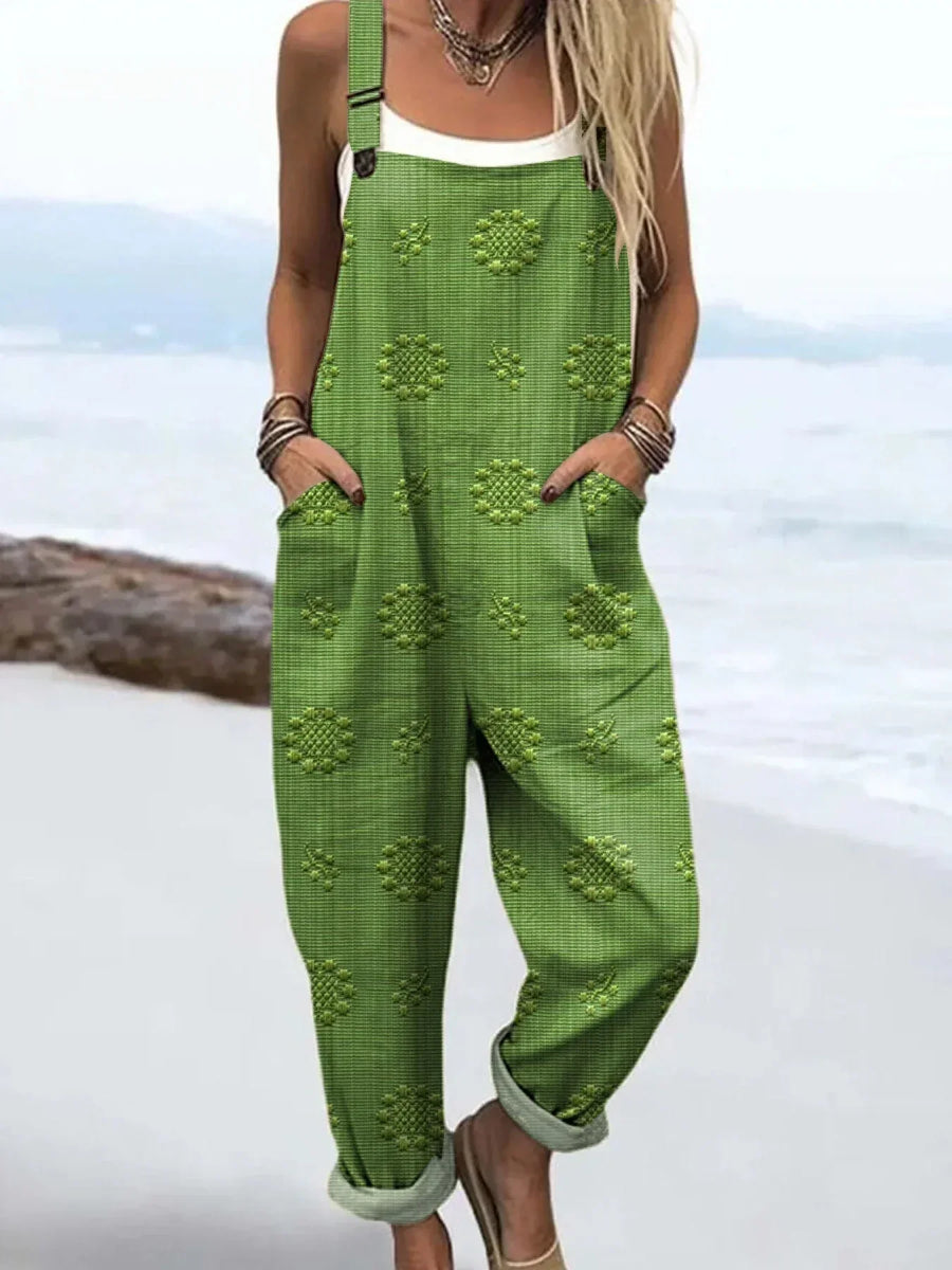 Women's Vintage Floral Pattern Art Print Casual Cotton Linen Wide Leg Jumpsuit