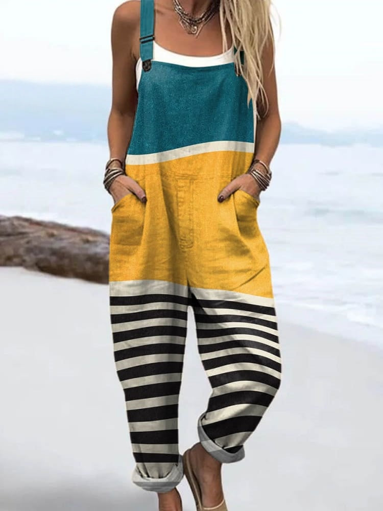 Women's Abstract Geometric Line Pattern Art Print Casual Cotton Linen Wide Leg Jumpsuit