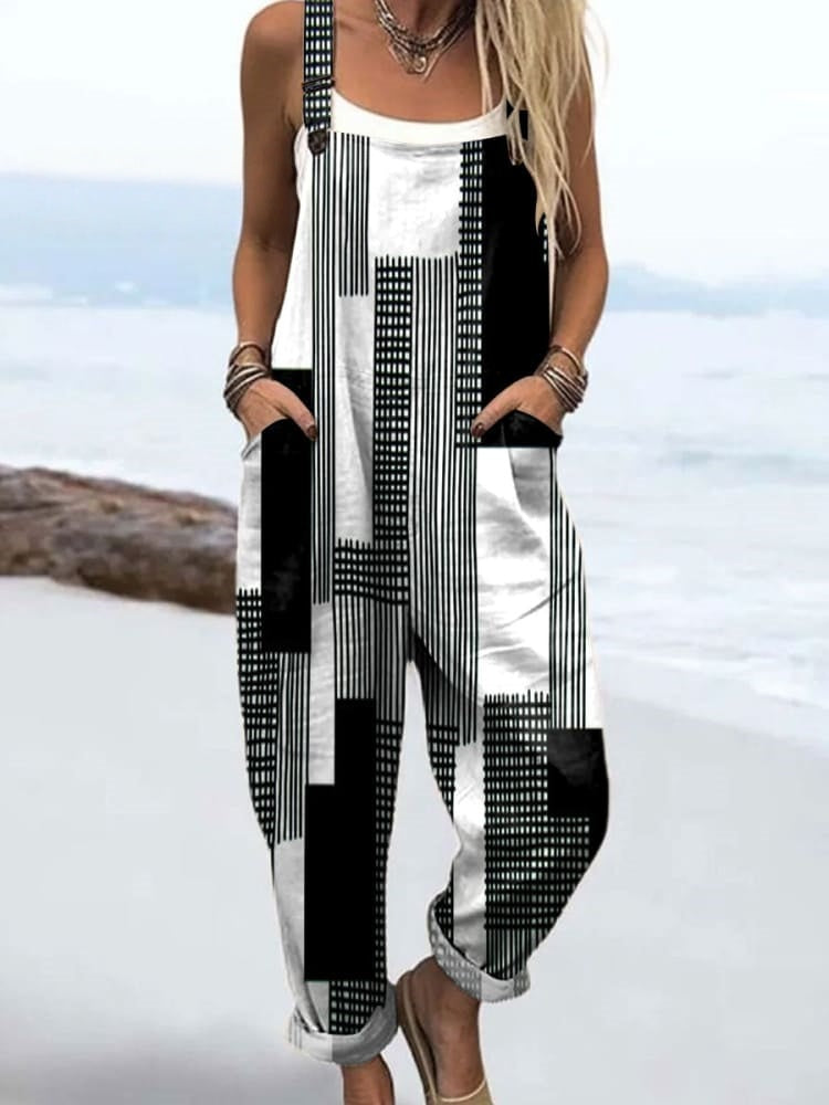 Women's Abstract Black White Stripes Art Print Casual Cotton Linen Wide Leg Jumpsuit