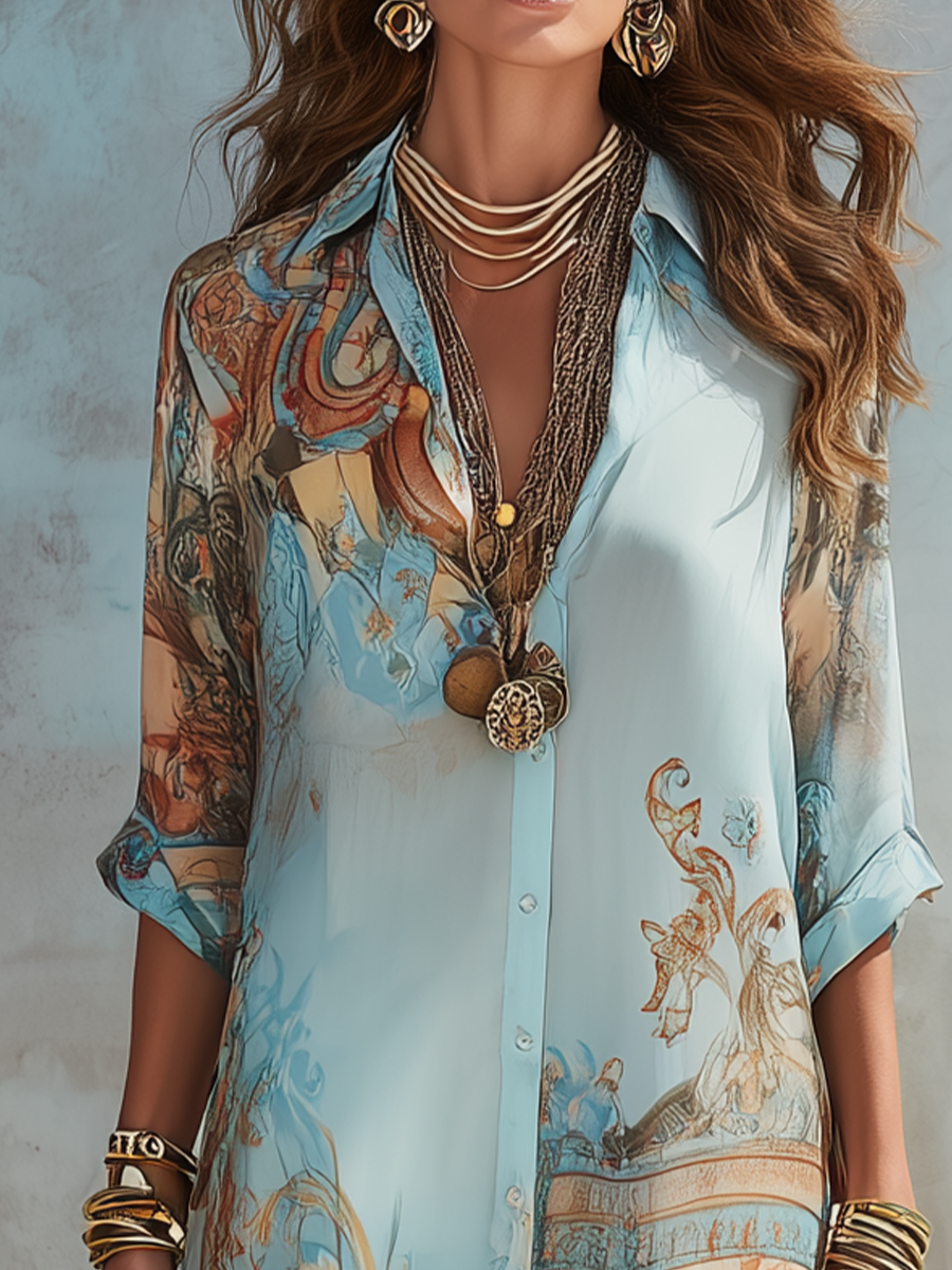 Ophelia | Baroque Floral Blue Chiffon Maxi Dress