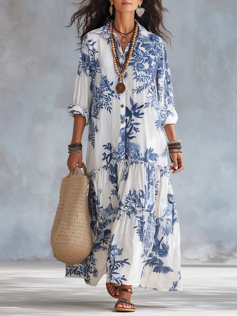 Coralie | Bohemian Blue Floral Button Down Maxi Dress