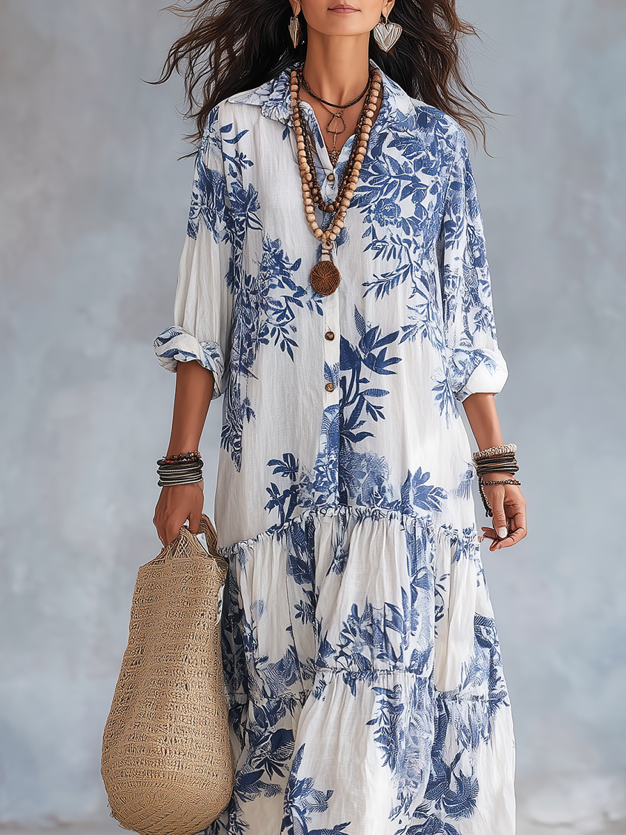 Coralie | Bohemian Blue Floral Button Down Maxi Dress