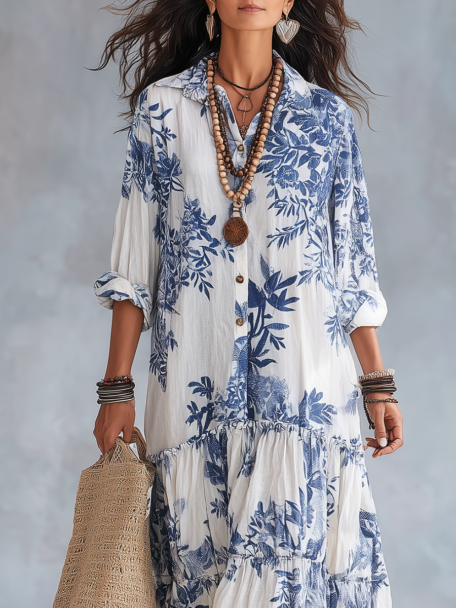 Coralie | Bohemian Blue Floral Button Down Maxi Dress