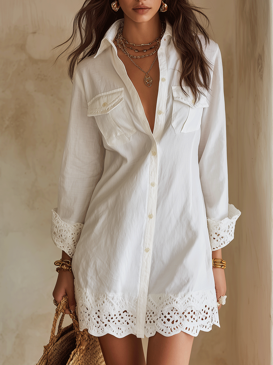 Marisol | Bohemian Eyelet Resort White Shirt Mini Dress