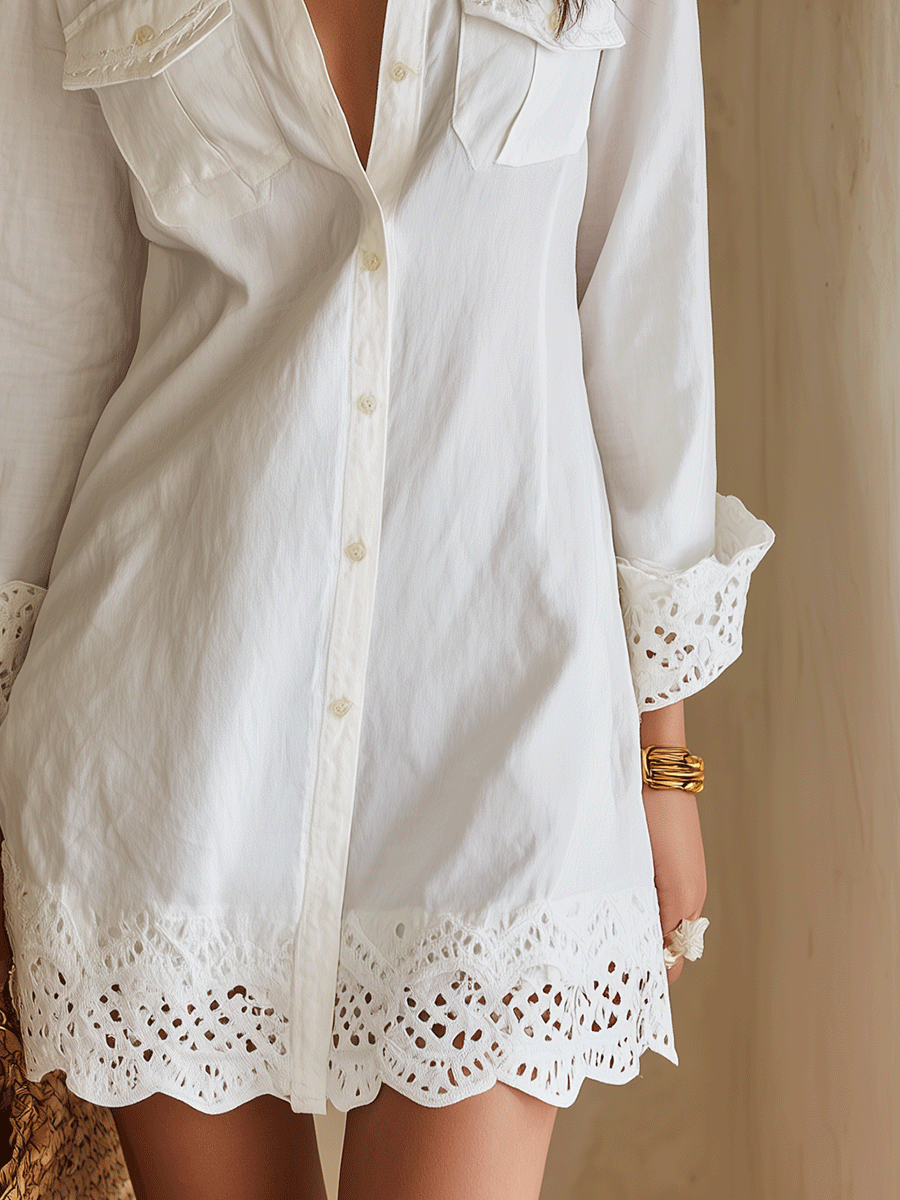 Marisol | Bohemian Eyelet Resort White Shirt Mini Dress