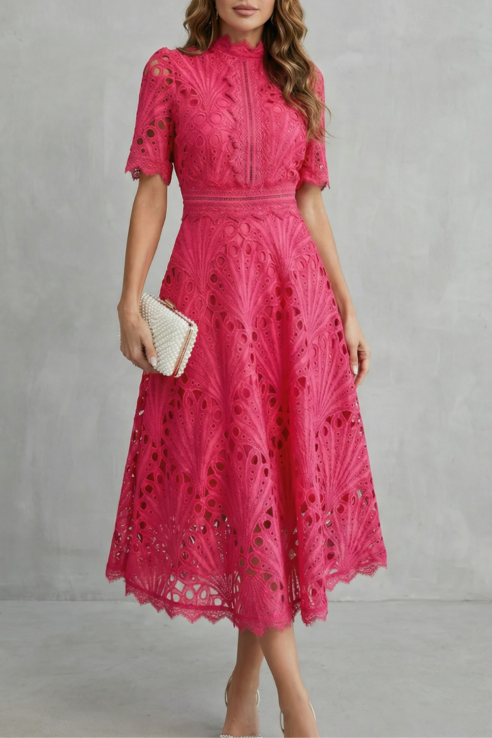 Annalise | Openwork High Neck Midi Dress