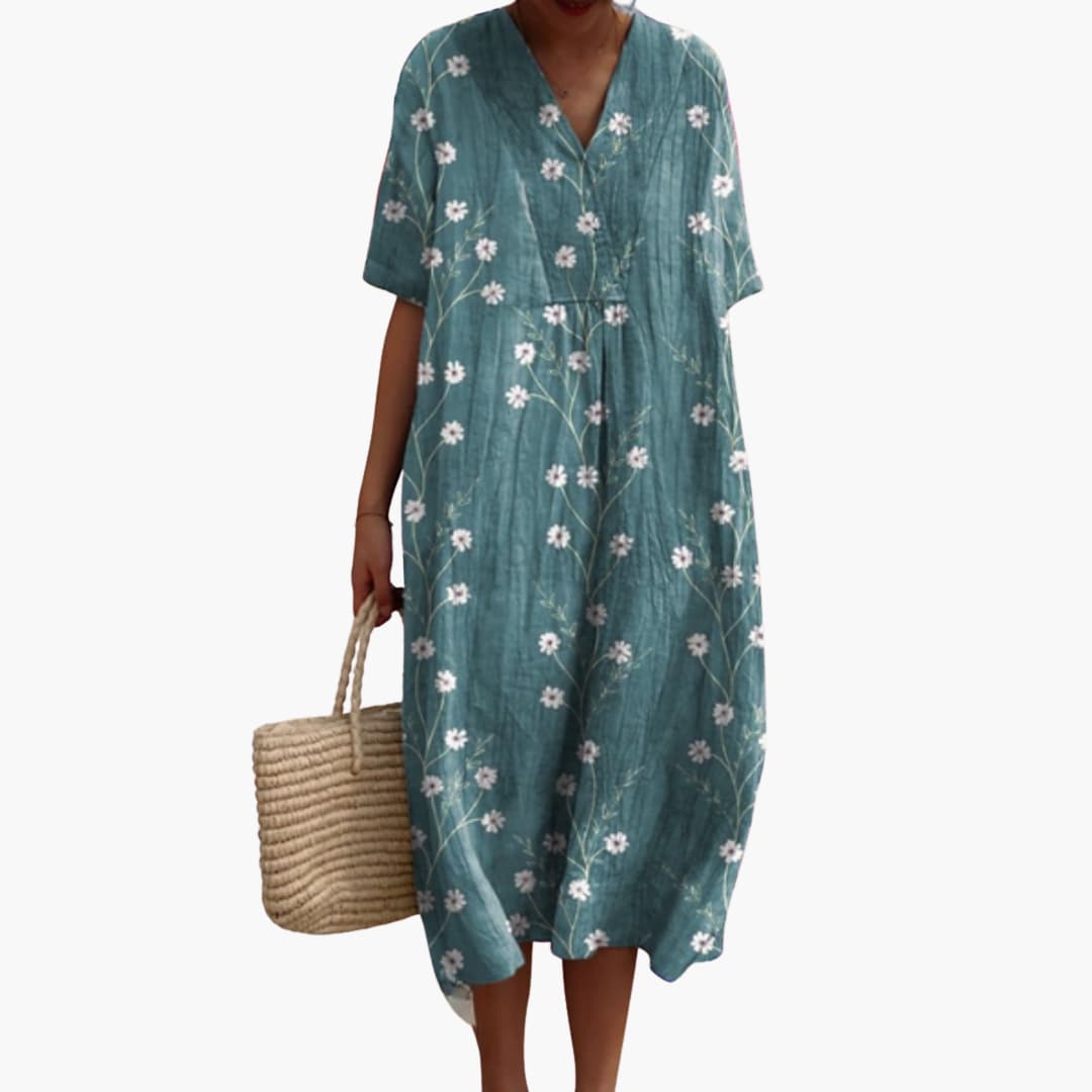 Shirley | Floral Cotton V Neck Short Sleeve Oversized Casual Midi Dress