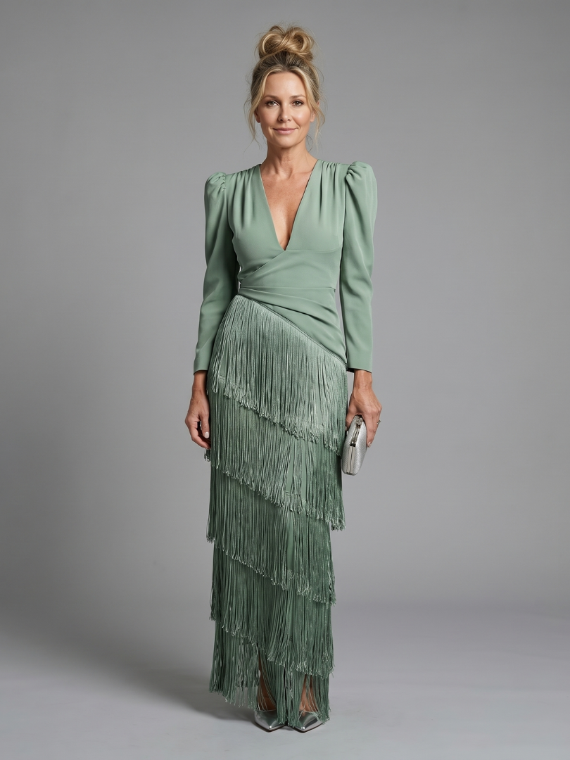Wilhelmina | Long Sleeve Fringe Midi Dress
