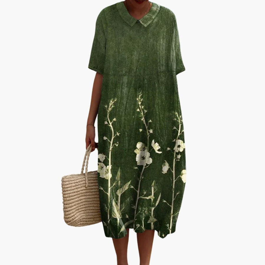 Shirley | Floral Cotton V Neck Short Sleeve Oversized Casual Midi Dress