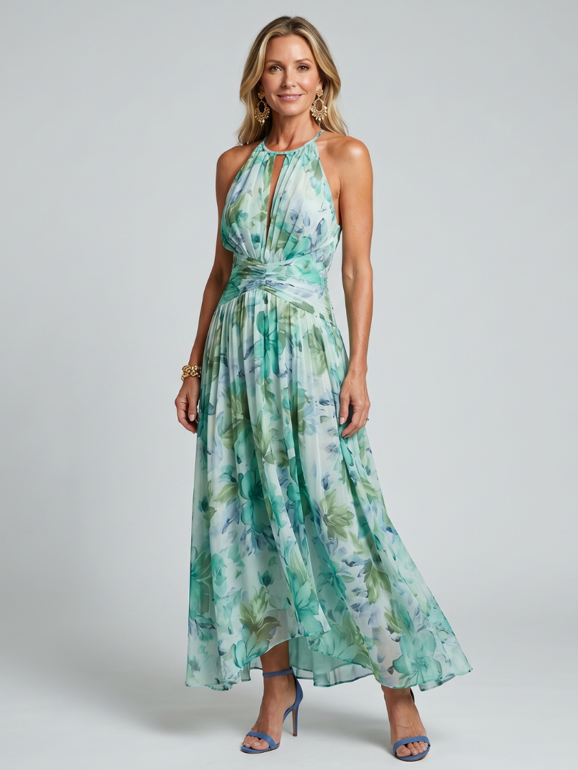 Gwyneth | Pleated Halter Floral Midi Dress
