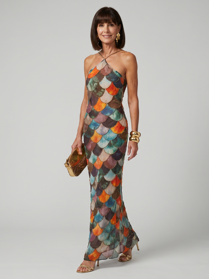 Elara | Fitted Scale Pattern Maxi Dress