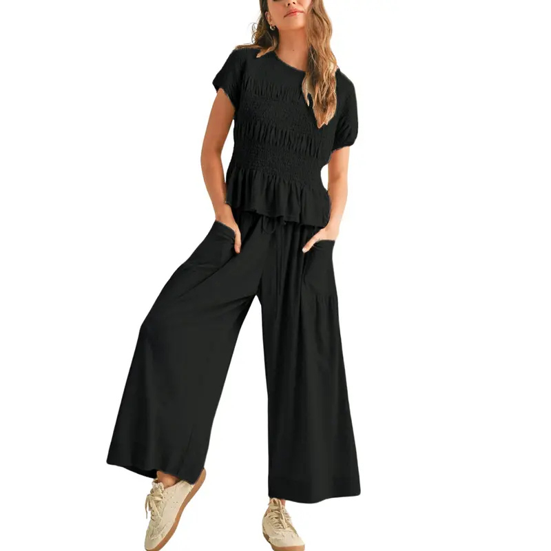 CHARLENE™ – Relaxed 2-Piece Smocked Top and Wide Leg Pants Set
