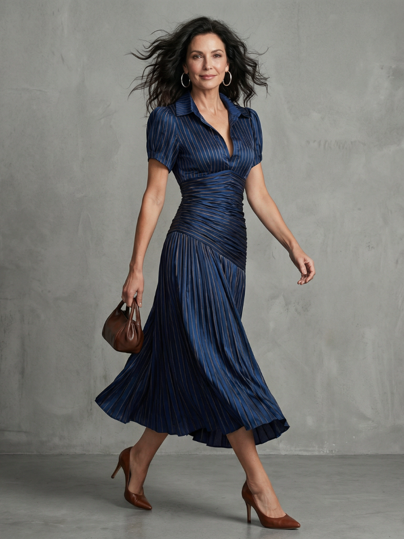 Theodosia | Pleated Waistline Stripe Midi Dress