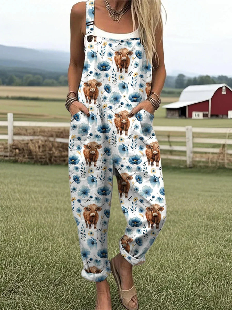 Women's Highland Cow Floral Print Casual Cotton Linen Wide Leg Jumpsuit