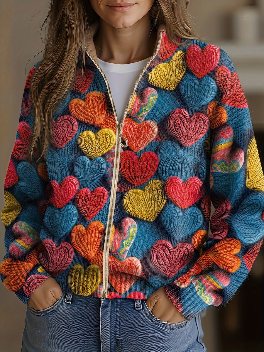 Valentine | Multicolour Hearts Textured Knit Pattern Cardigan