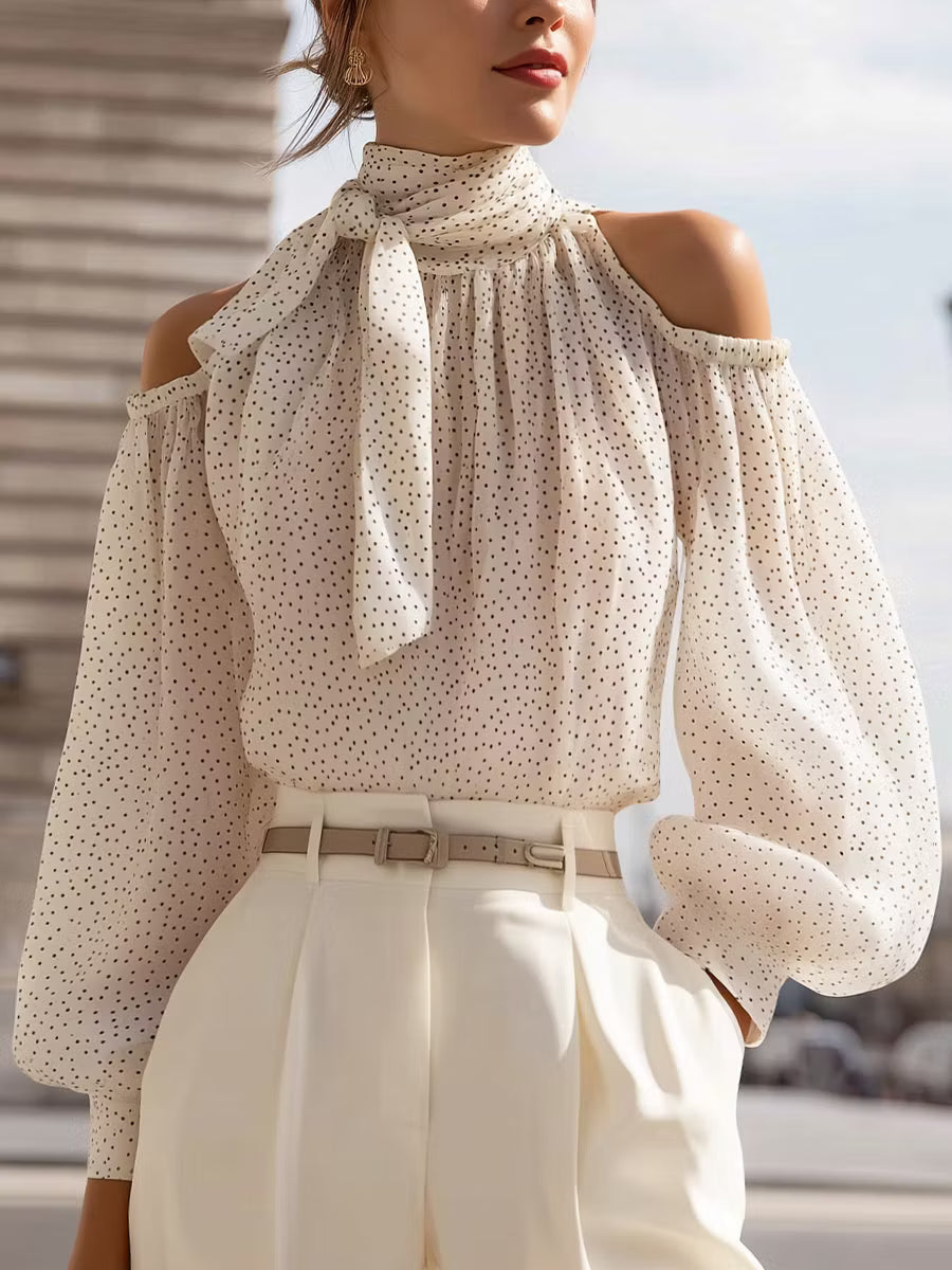 Adelina | Cold Shoulder Scarf Tie Blouse