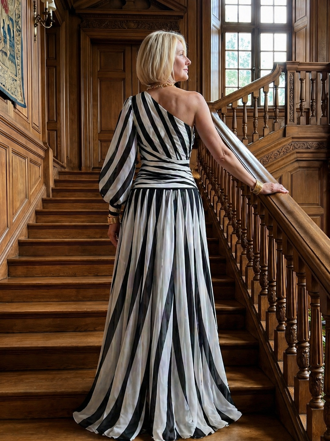 Dorothea | Elegant Striped Maxi Dress with One Shoulder