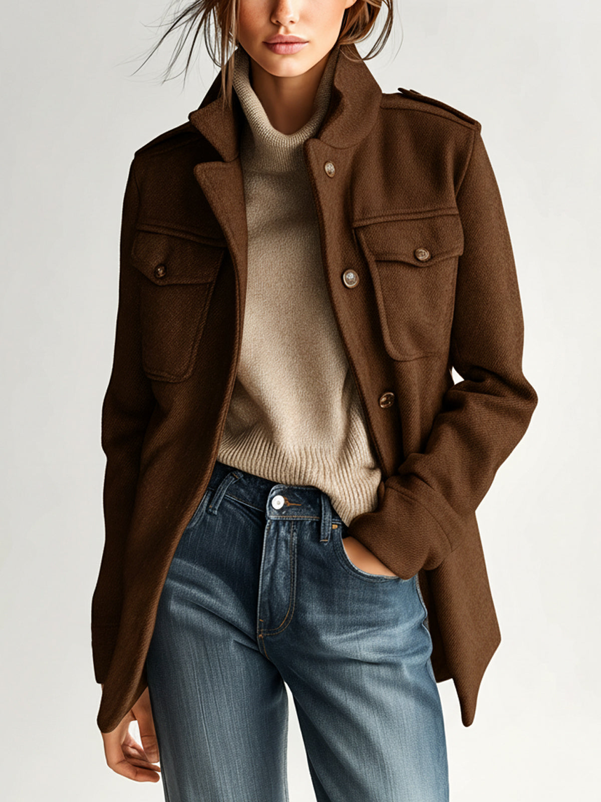 Vintage Casual Khaki Wool Blend Stand Collar Epaulet Multi-Pocket Short Coat