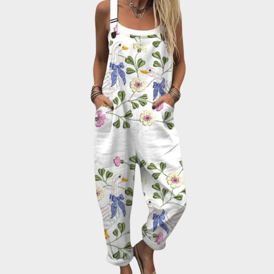 Lilian | White Print Dungarees